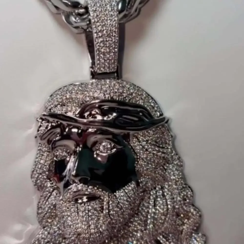 Silver Iced Out Jesus Pendant Necklace with Cuban Link Chain 20inch